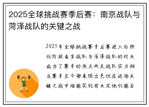 2025全球挑战赛季后赛：南京战队与菏泽战队的关键之战